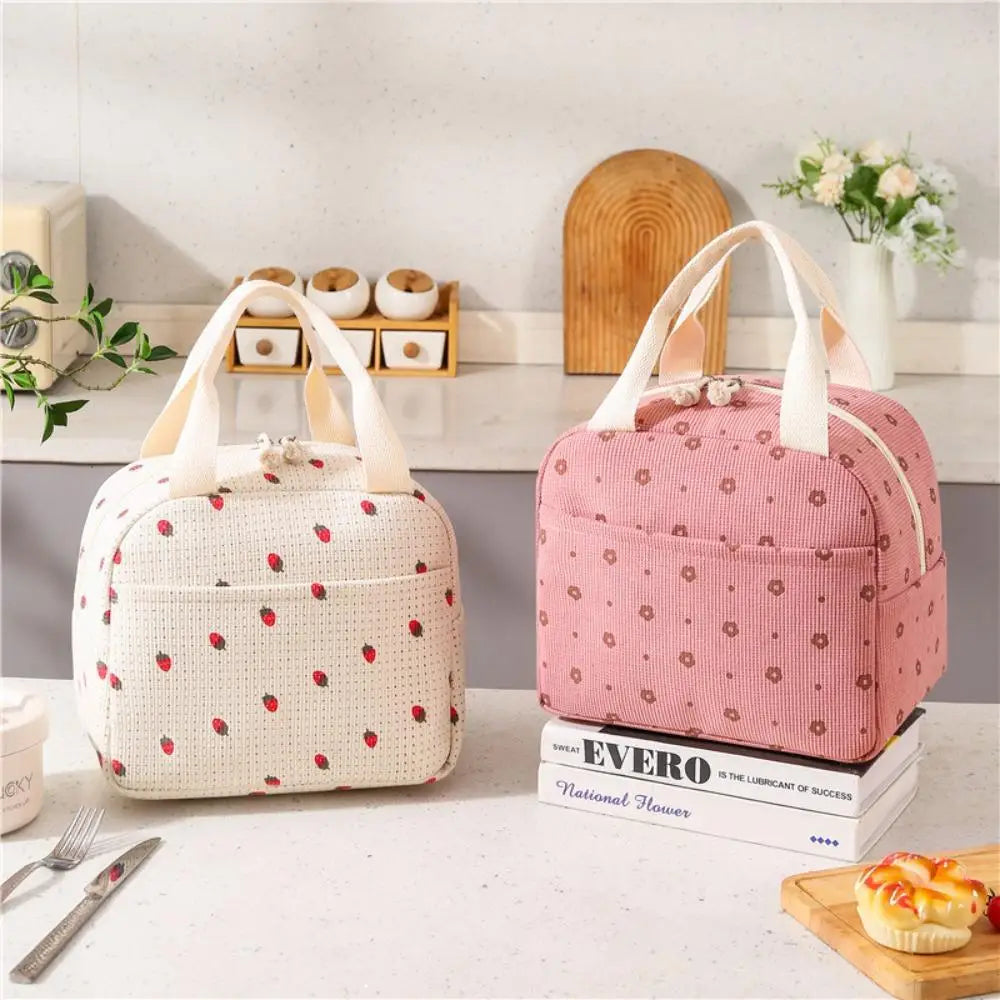 Floral Corduroy Lunch Bag Printed Food Handbags Portable Thermal Lunch Box Bag Waterproof Office Cooler Ice Insulated Case Oasis Select