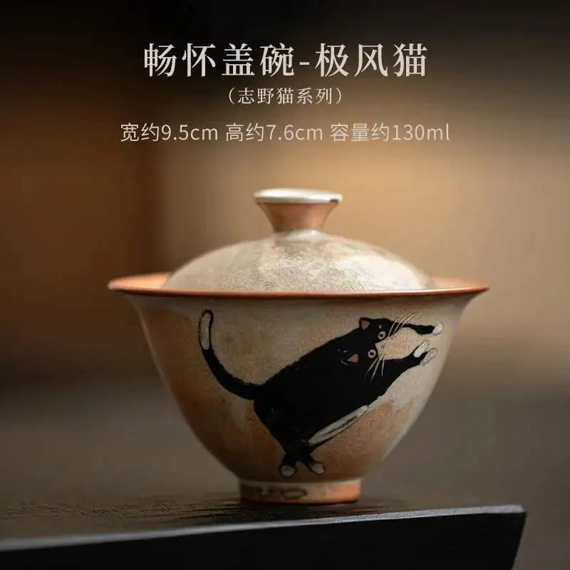 Japanese Handmade Kiln Change Ceramic Ercai Gaiwan Single Small Tea Bowl Tea Cup Oasis Select Bowl - Jifeng Cat