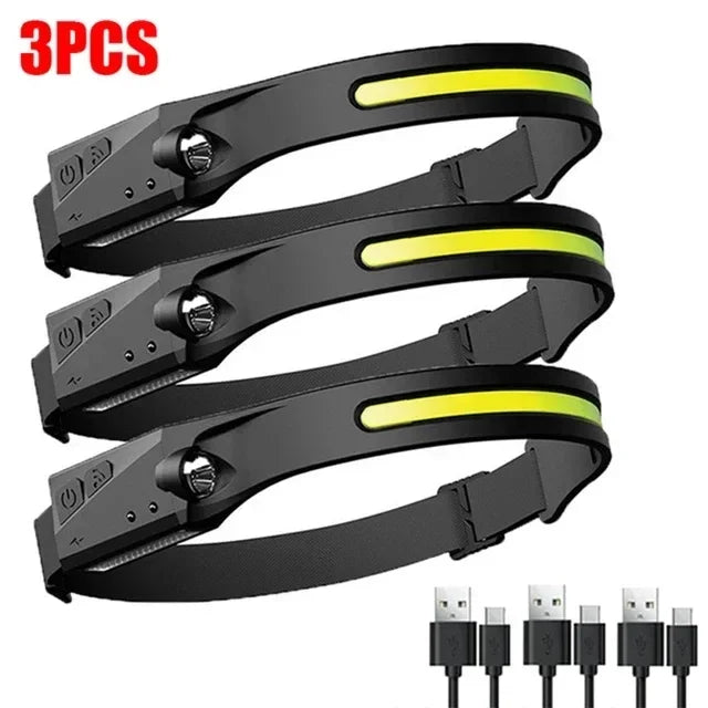 Powerful Induction COB LED Headlamp Built-in Battery USB Rechargeable Head Torch Outdoor Waterproof Camping Fishing Headlight Oasis Select Packing B 3PCS