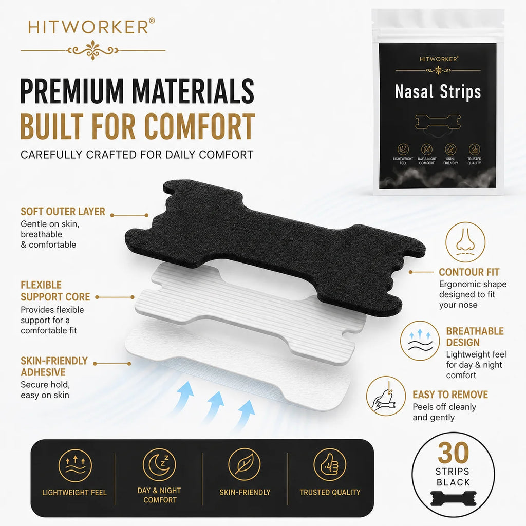 HITWORKER Black Nasal Strips Breathable Nose Strips Flexible Support Nose Tape Skin-Friendly Adhesive Comfort Fit for Day Oasis Select