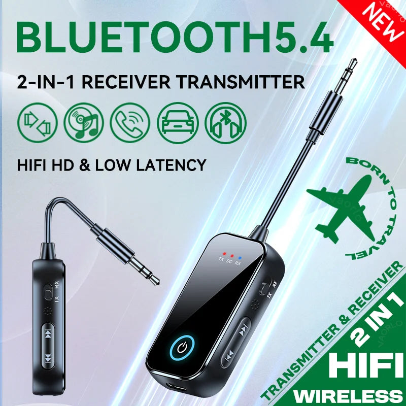 2 In 1 Bluetooth 5.4 Audio Receiver Transmitter Hifi Stereo Wireless Adapter 3.5MM AUX With Mic For Car Airplane TV PC Speaker Oasis Select