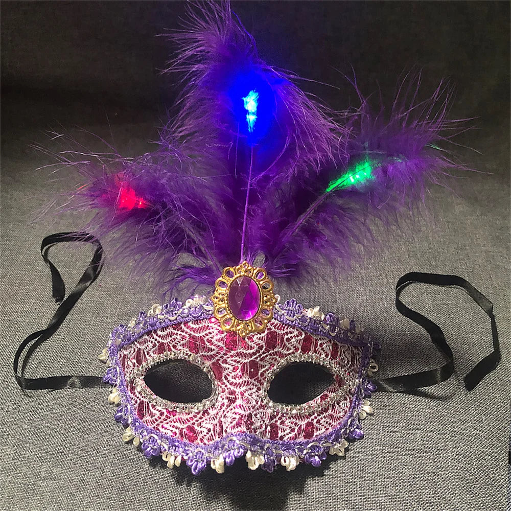 Women LED Party Mask Masquerade Luxury Peacock Feathers Half Face Mask Cosplay Costume Venetian Mask Oasis Select Purple 1
