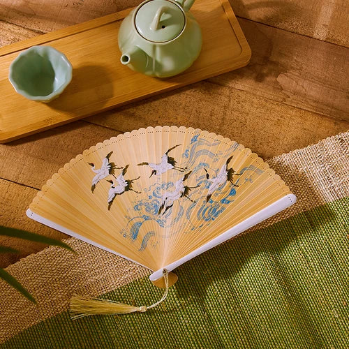 18cm Chinese style retro style all bamboo crane dark green big red bronzing folding fan portable cheongsam dance fan Oasis Select White