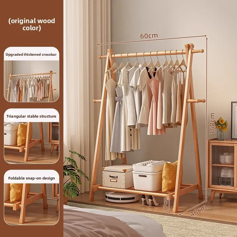Solid wood coat rack household hanger floor-to-ceiling bedroom balcony drying clothes storage rack hanging bag rack Oasis Select
