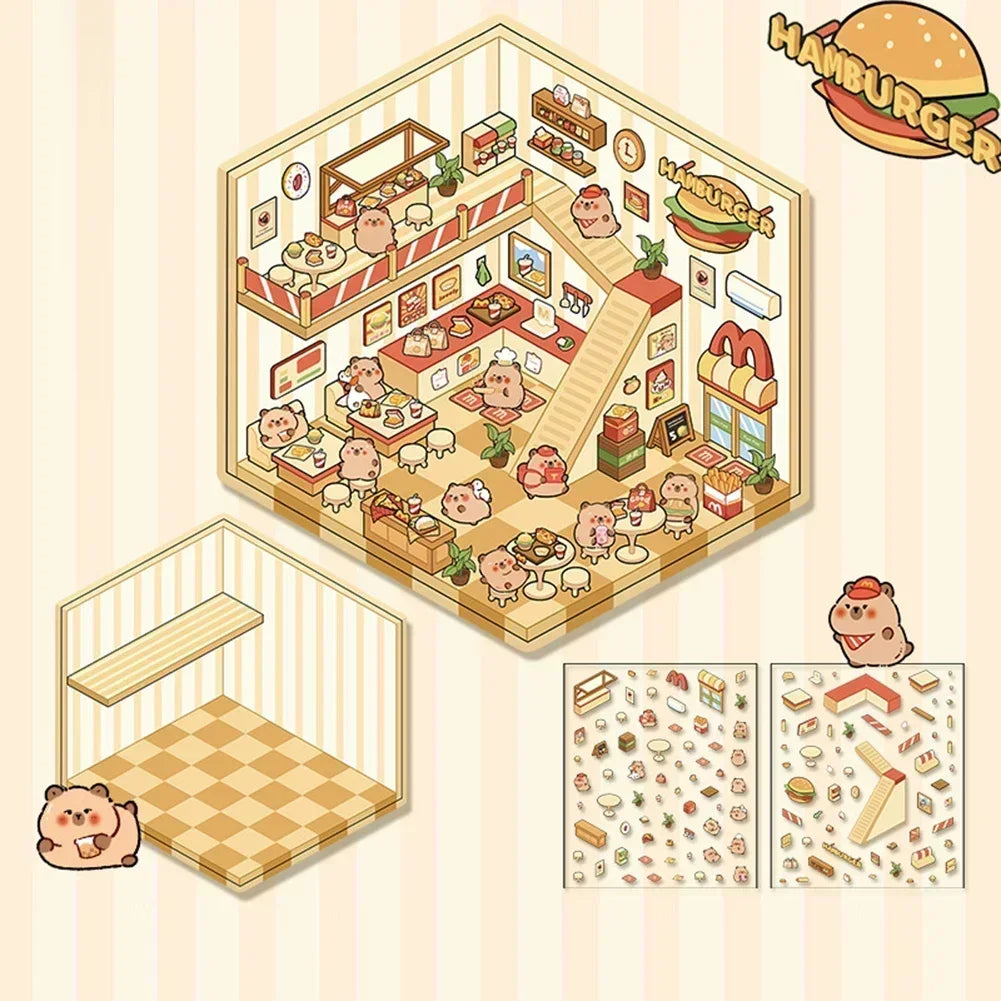 3D Cartoon Cabin DIY Scene Stacking Stickers – Reusable Set