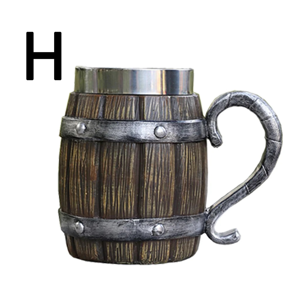 Wooden Barrel Beer Cup Stainless Steel Coffee Mug Viking Style Vintage Beer Mug Double Wall Drinking Cup Halloween Bar Drinkware Oasis Select H 600ml