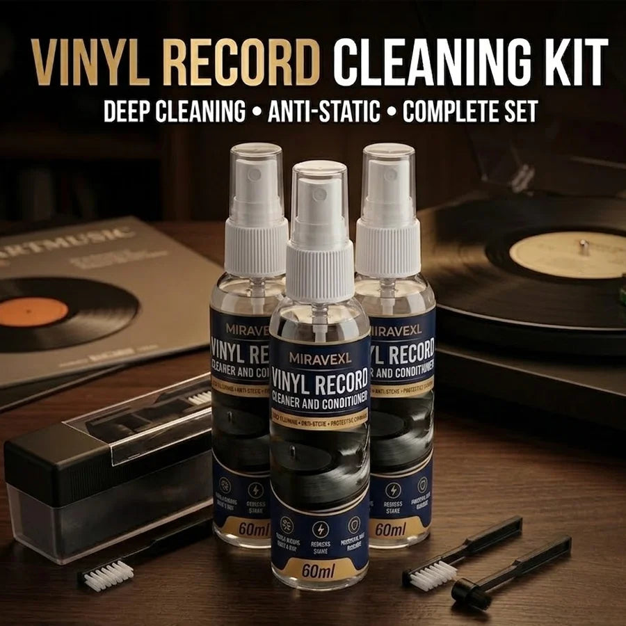 MIRAVEXL Vinyl Record Cleaning Kit: 60ml Spray & Anti-Static Velvet Brush Set — Designed Specifically for Record Maintenance Oasis Select