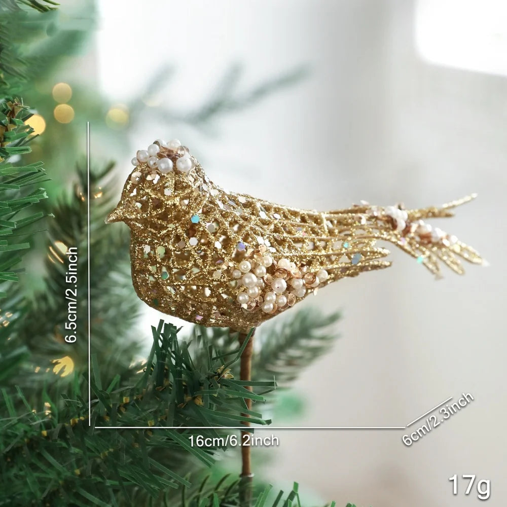 Hollow Bird Christmas Tree Decoration Sparkling Glitter Artificial Bird Ornaments Holiday New Year Party Christmas Decoration Oasis Select Gold