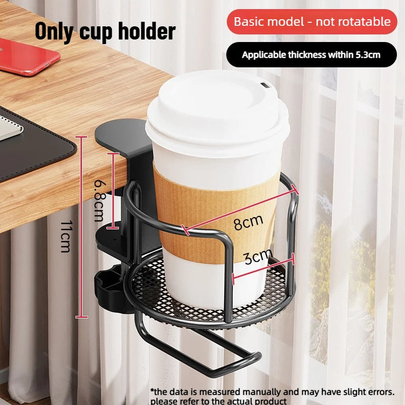 2-in-1 Adjustable Upgraded Table Clamp Cup Holder 360 Rotating No Drill Desk Edge Anti-spill Drink Rack Oasis Select Black Fixed