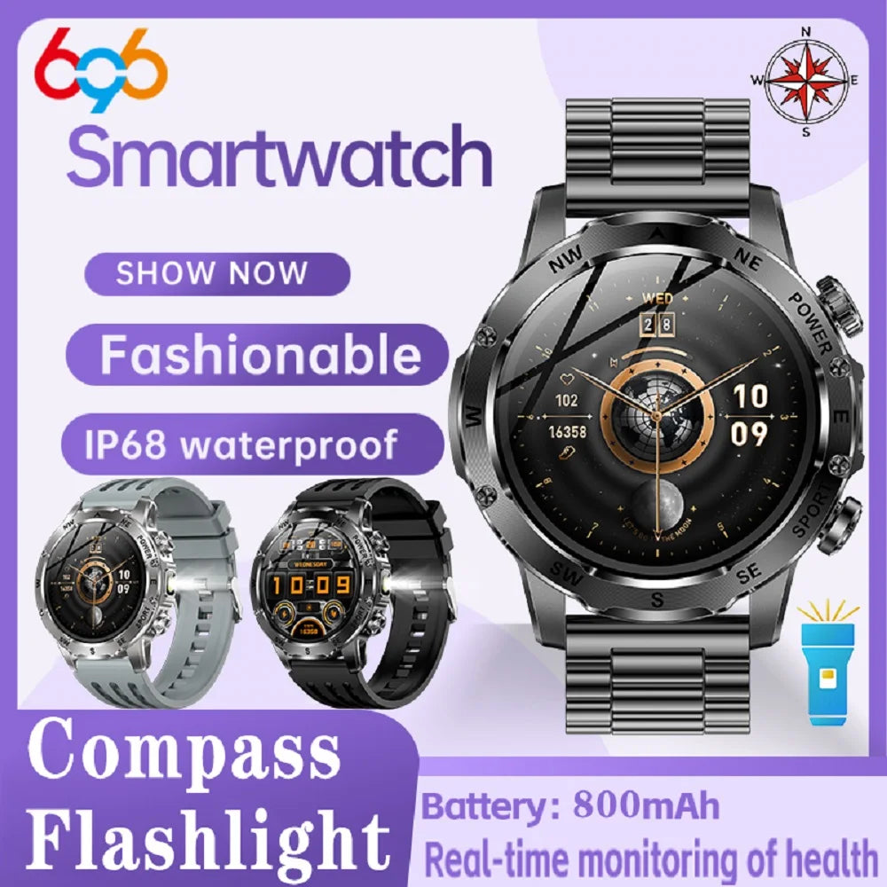 Outdoors Smart Watch Men Women 800Mah Battery IP68 Waterproof Health Music Smartwatch Flashlight Compass BT Call Sports Fitness Oasis Select