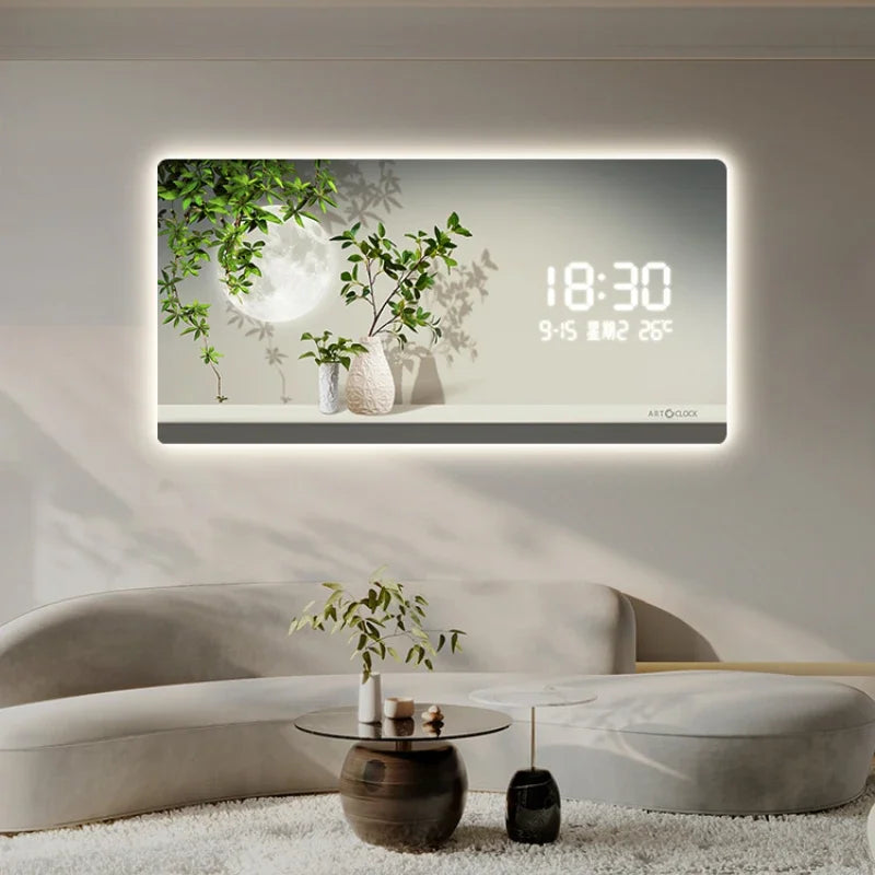 Simple Green Plant Digital Electronic Clock Living Room Decoration Painting Plug-in Digital Display Screen Light Wall Clock Oasis Select