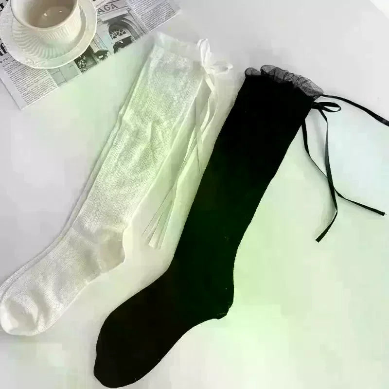 Summer Calf Length Ballet Socks For Women Lightweight Mesh With Bow Lace Cool Slouch Socks For Outdoor Or Indoor Oasis Select