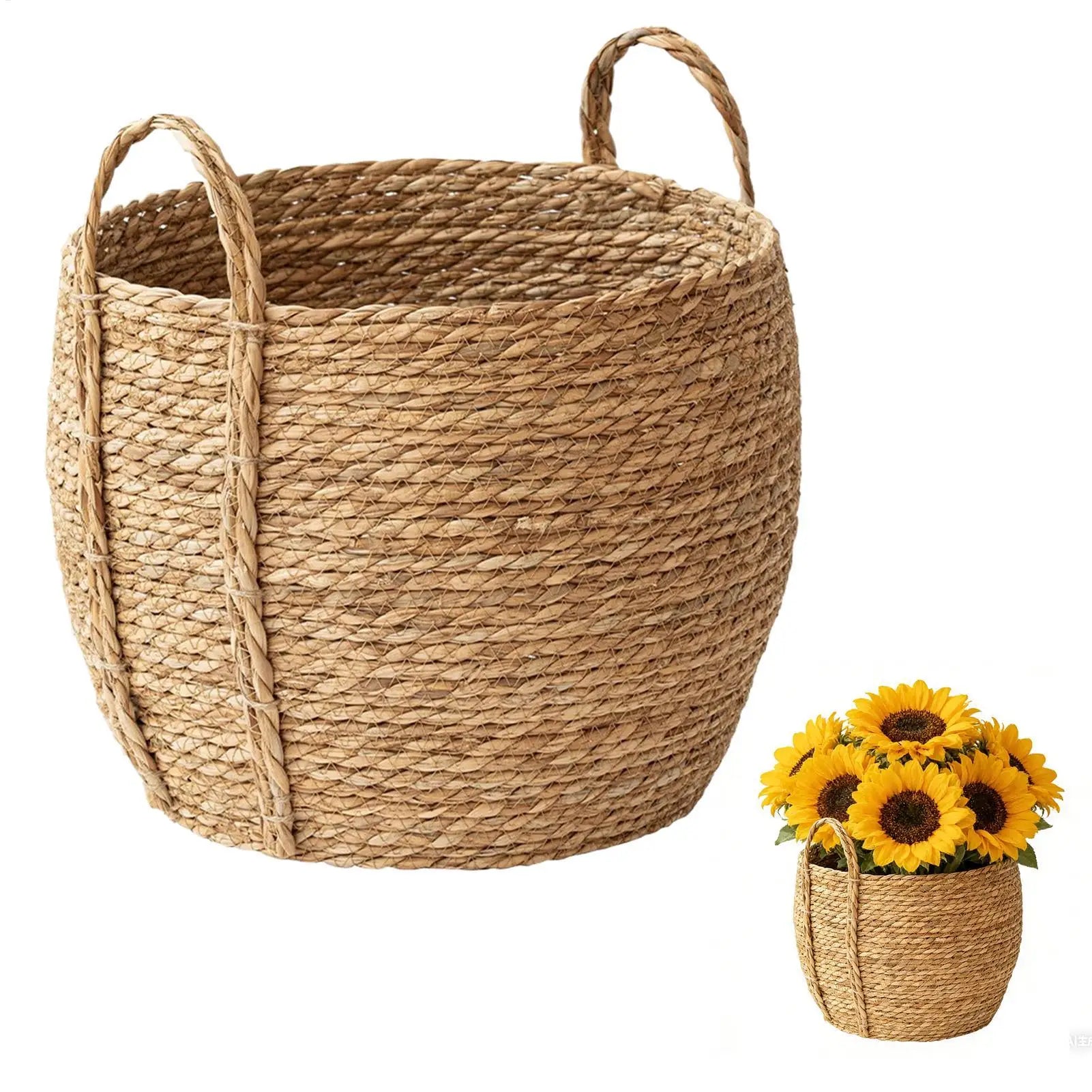 Rattan Planter Basket Floor-Standing Flower Pot with Handle Woven Plant Basket for Indoor Farmhouse Garden Living Room Dorm Home Oasis Select