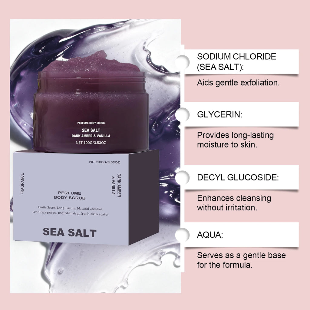 Perfume Body Scrub Hydrating Smoothing Skin Natural Exfoliating Salt Rose Coral Amber Vanilla Scent Moisturizing Cleansing Skin Oasis Select