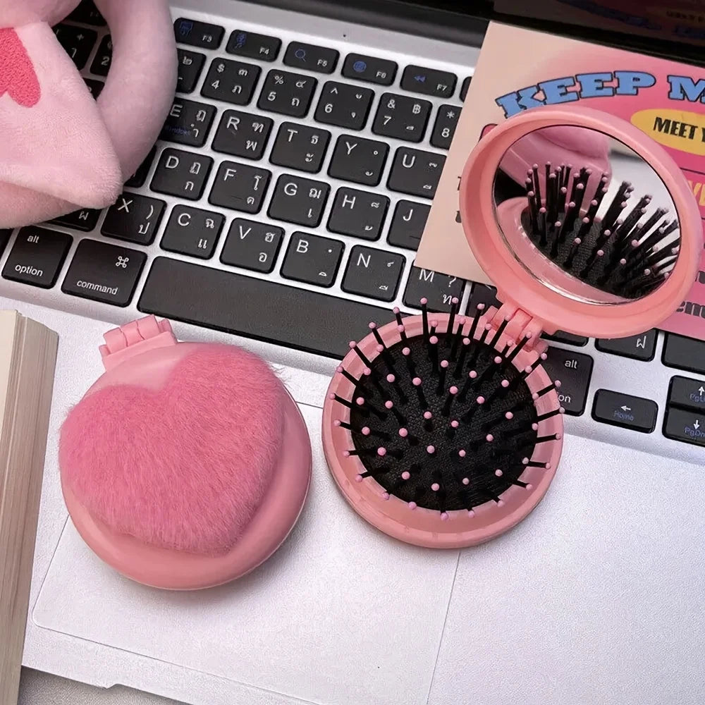Plush Heart Mini Hair Brush & Mirror Set – Portable Pink Mini Hair Brush Set Oasis Select