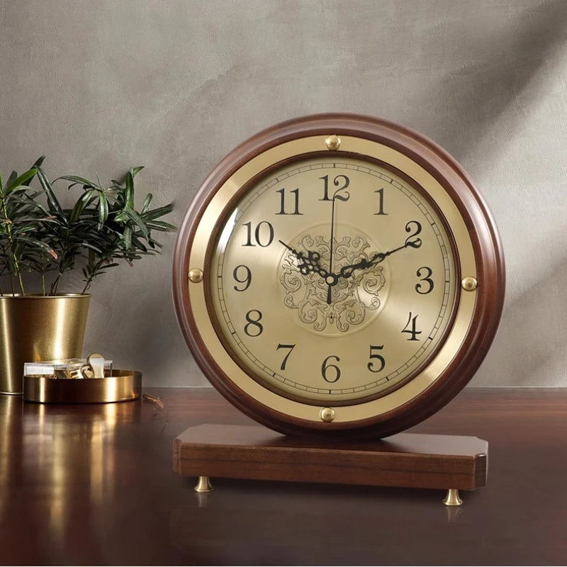 European Style Clock Living Room Household Desktop Silent Clock Brass Decorative Table Wooden Minimalist Counter Oasis Select