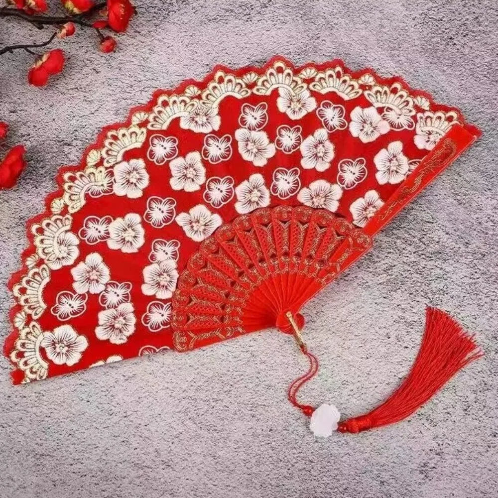 Chinese Folding Fan – Flower Pattern Hanfu Fan with Tassel