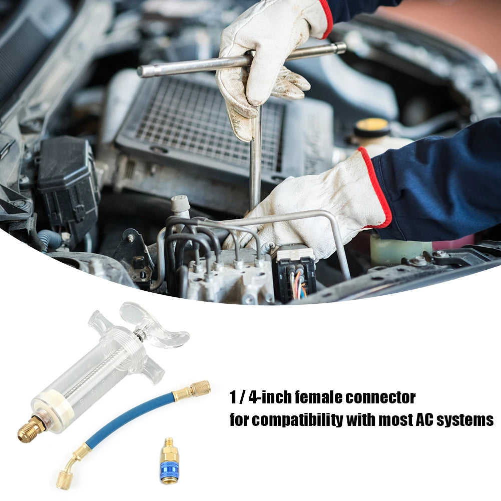 Auto A/C Oil/Dye Injector 1Oz with 134a Low Side Quick Coupler Adapter 1/4" Air Conditioning Coolant Filling Tube Injection Tool Oasis Select