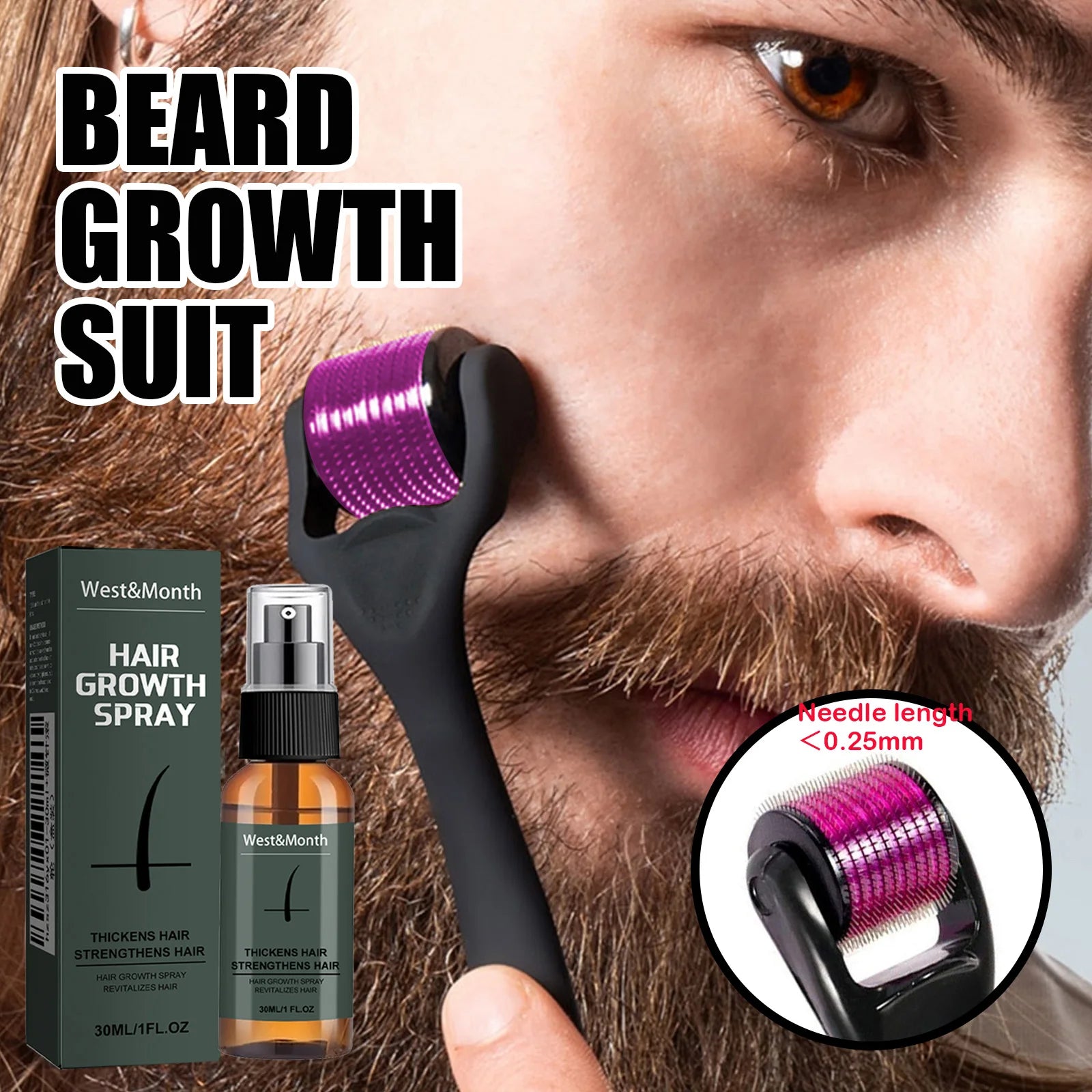 Men's Beard Spray Kit with Micro Roller 0.25mm Moisturizing Thicken Facial Hair Beard Boosting Essence Nourishing Spray Bear Oasis Select
