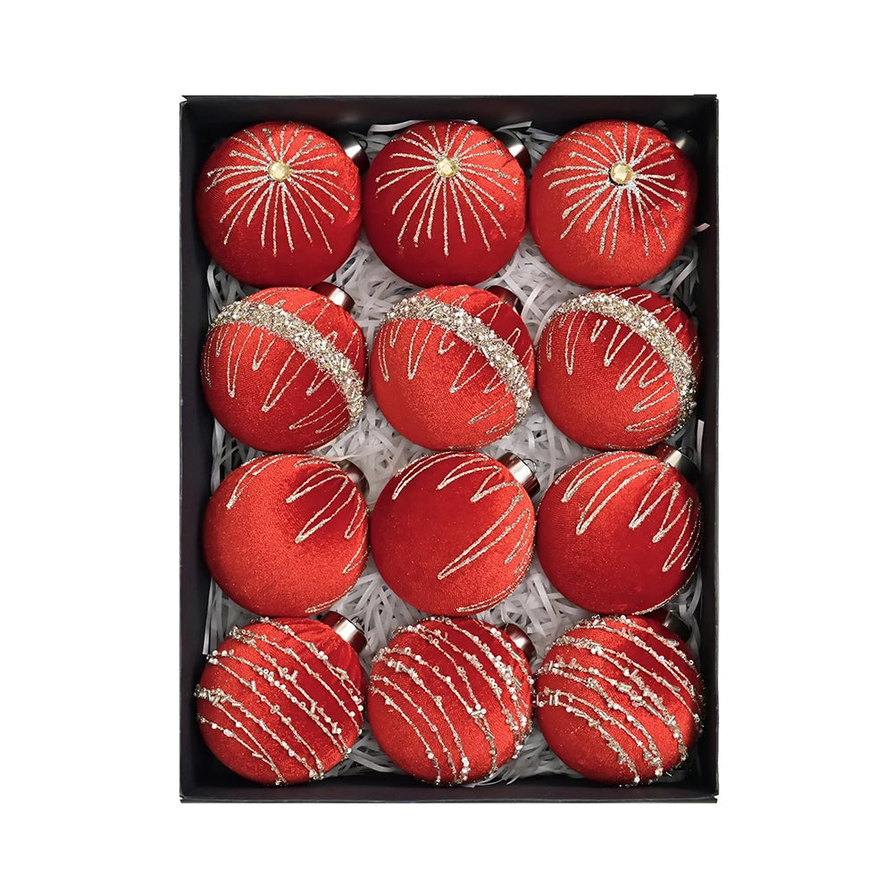 12-pcs 8cm Flocked Velvet Christmas Tree Ornaments Set Fit For Elegant Holiday Decor Christmas Charms Home Decor Xmas Hanging Oasis Select Red China Mainland