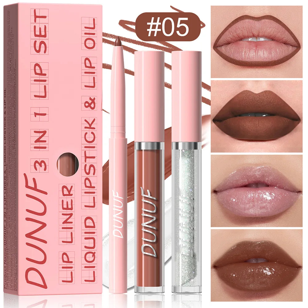 DUNUF 3-Pc Matte Lipstick Set – Lip Liner, Gloss & Oil Kit