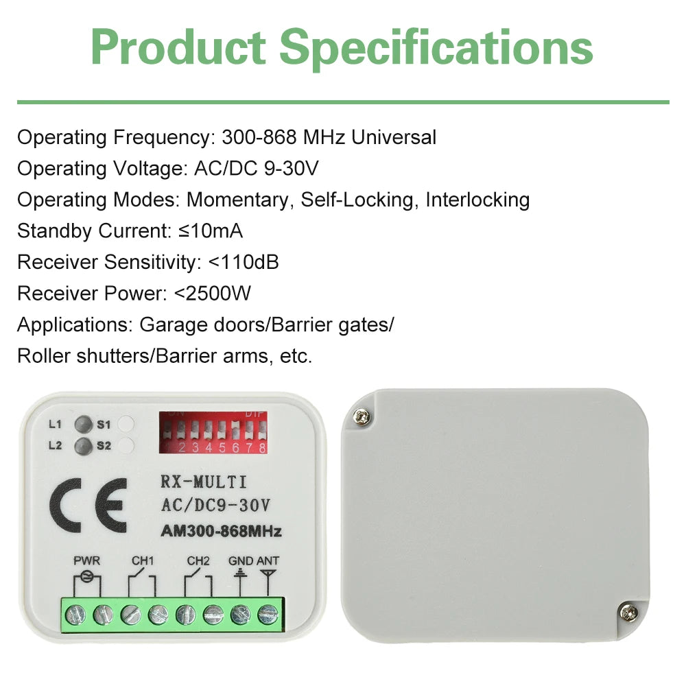 Universal Garage Door Remote Control Receiver 300-868MHz AC/DC 9-30V Switch Module Relay For 433MHz 868MHz Oasis Select Default Title
