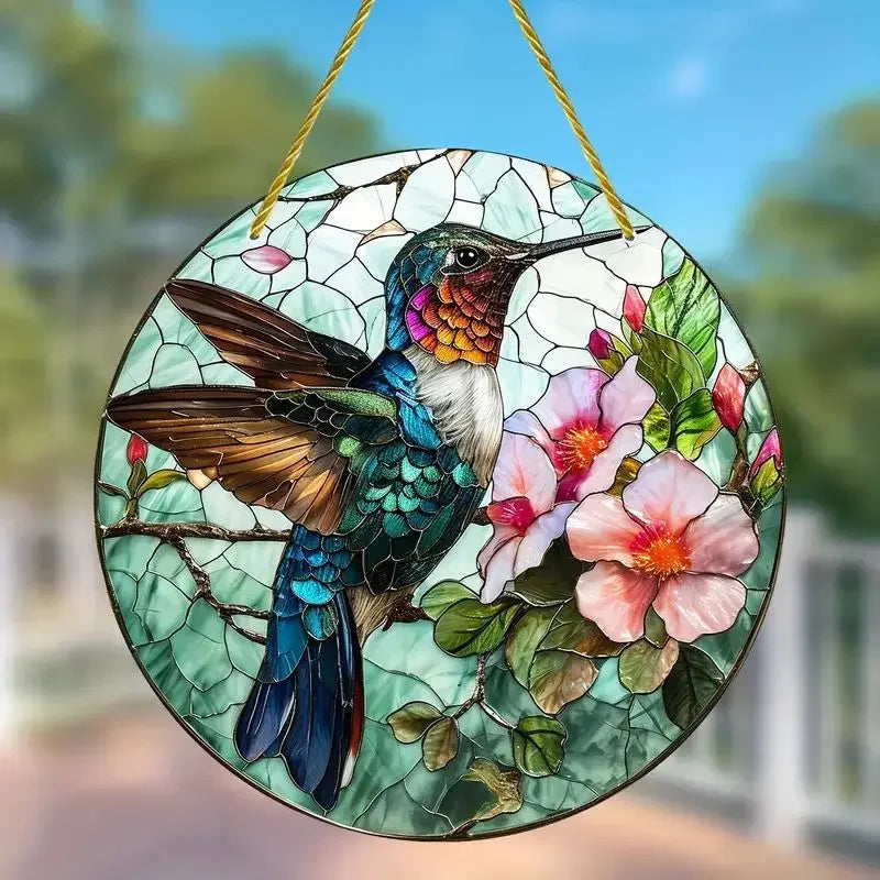 NEW Acrylic Painted Hummingbird Pendant Bird Floral Pattern Suncatcher Round Wreath Porch Window Outdoor Patio Hanging Ornaments Oasis Select Style D-15cm