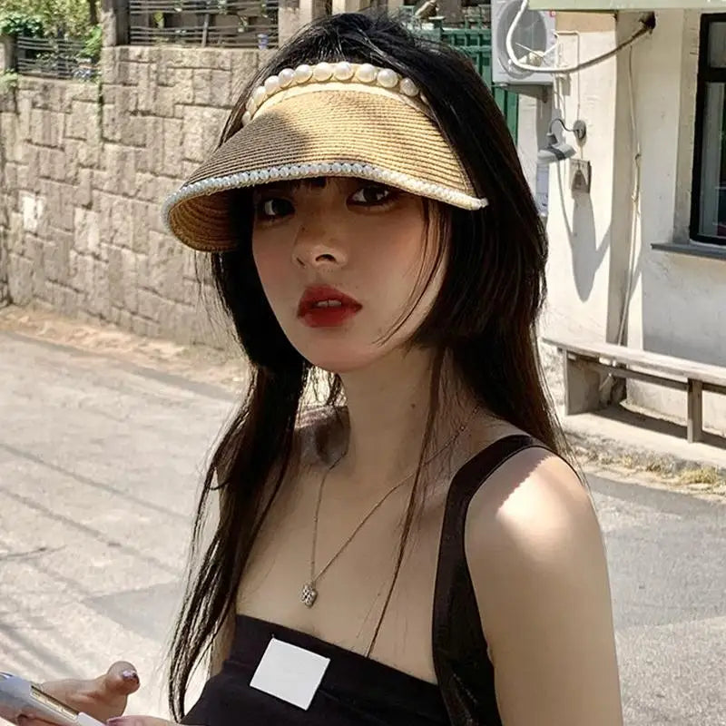 Summer Beach Straw Hat with Pearls for Women Wide Brim Open Crown Elegant Raffia Sun Protection Cap Holiday Essentials Oasis Select