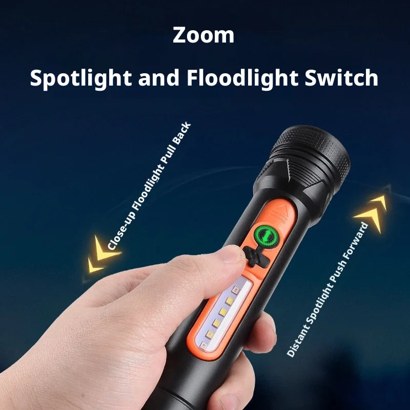 Multi-Functional Handheld Torch Zoomable Design Long-Range Flashlight with Side Lamp Hook and Flexible Wide Beam for Outdoor Oasis Select