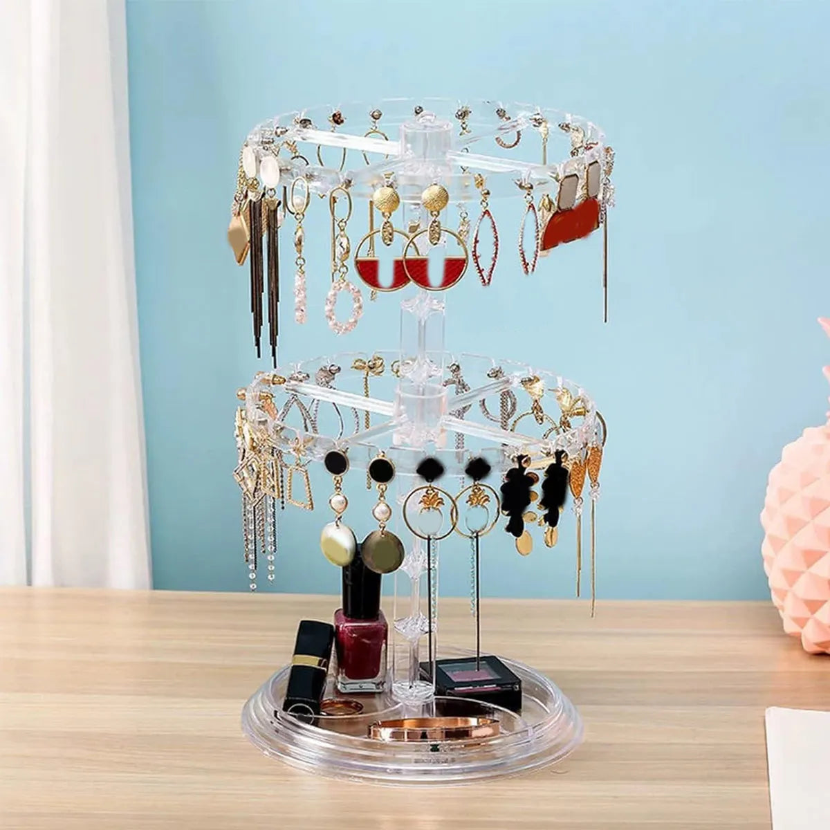 1pc Double layered rotating jewelry rack, transparent tree shaped jewelry display rack, earring and necklace storage rack Oasis Select