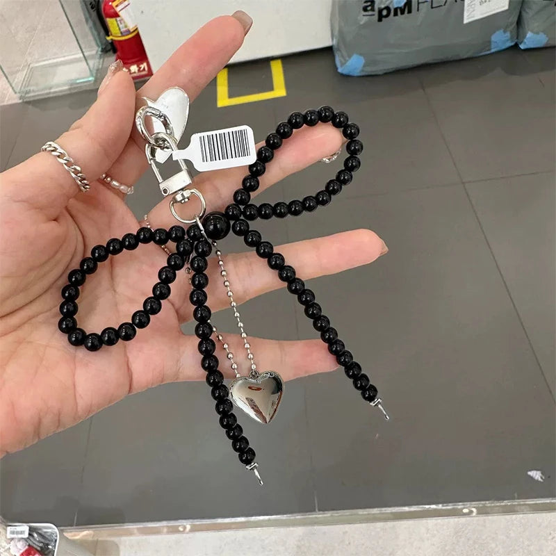 Delicate Beaded Key Chain Handmade Pearl Bow Shaped Pendant Keyring Heart Keychain Ornament Pearl Decoration For Bags Phones Oasis Select Black