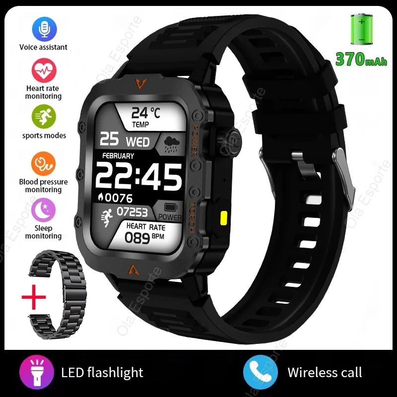 Rugged Military Smartwatch – Bluetooth Call, AI Voice, IP68 Sport