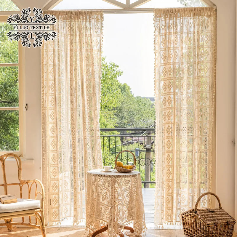 Cotton crochet hollowed out woven curtain American rural retro cotton linen lace tassel gauze curtain window curtain Oasis Select