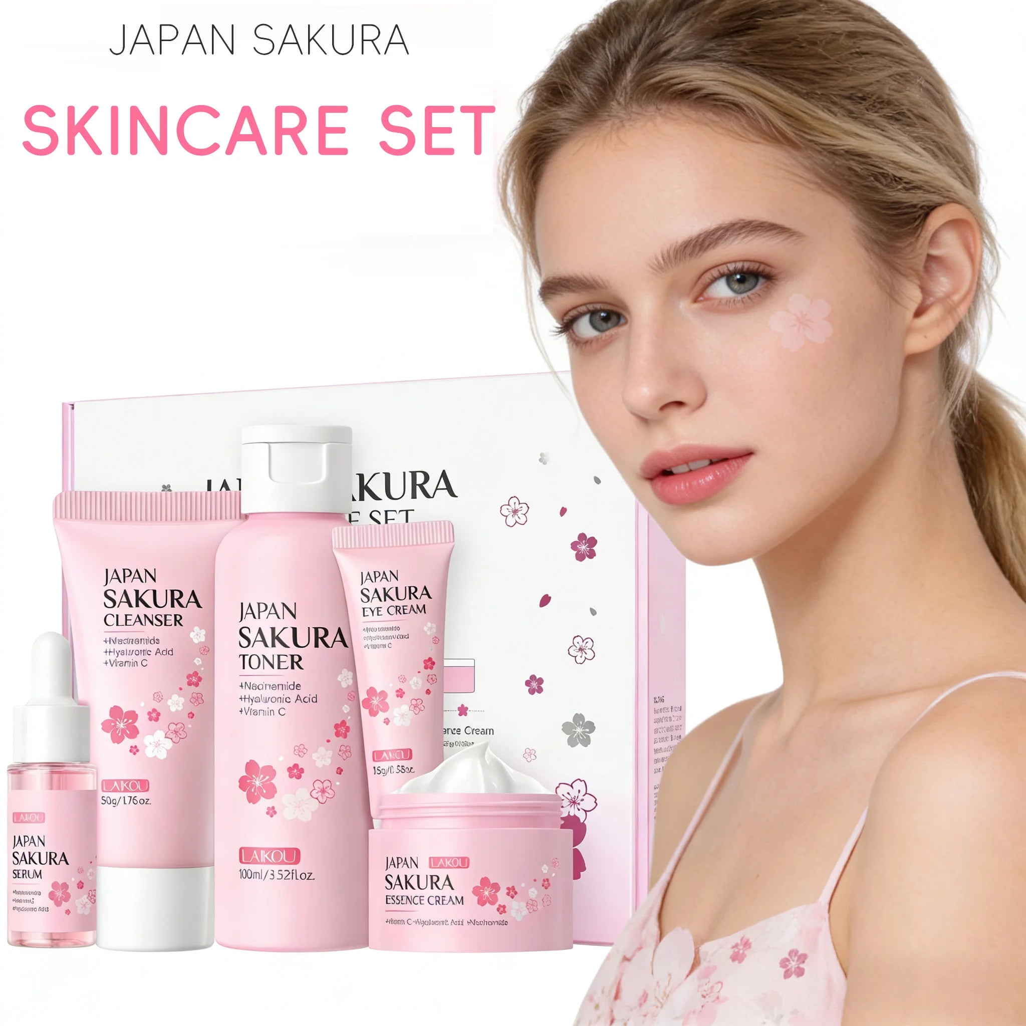 LAIKOU Sakura 5pcs Skin Care Kit Cleanser Toner Serum Eye Cream Essence Cream Moisturizing Beauty Gift Box For Women ﻿ Oasis Select Default Title