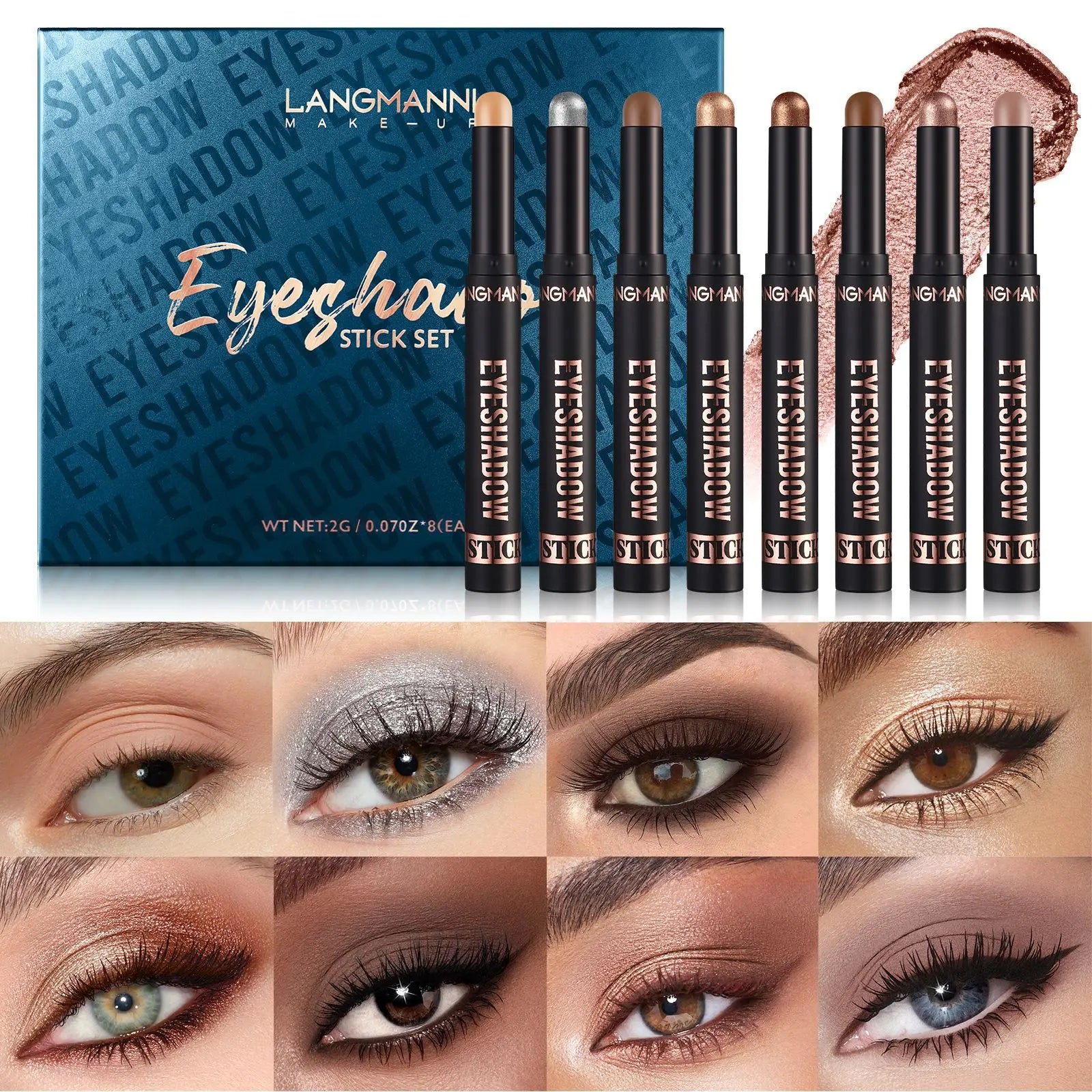 Langmanni 16 Metallic Eyeshadow Sticks – 8 Colors, Waterproof