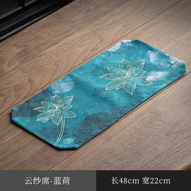Chinese Zen Style Small Tea Table Mat Heat Insulation Waterproof Cloth Mat Chinese Style Silk Fabric Double-sided Dry Oasis Select Mat - Blue Lotus