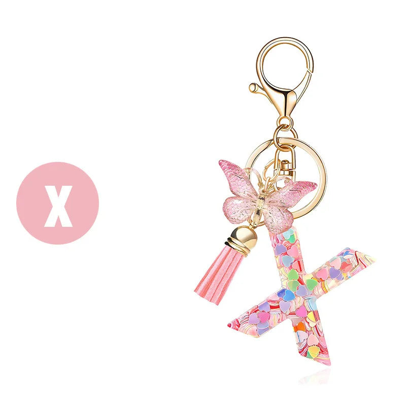 Pink Glitter Letter Keychain Heart Butterfly Tassel Crystal Resin