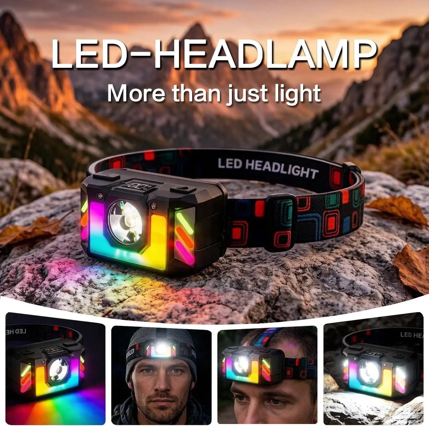 Rechargeable LED Headlamp, Super Bright Head Torch with 4 Modes and Multicoloured RGB Lighting, Sensor Control, Lightweight Oasis Select
