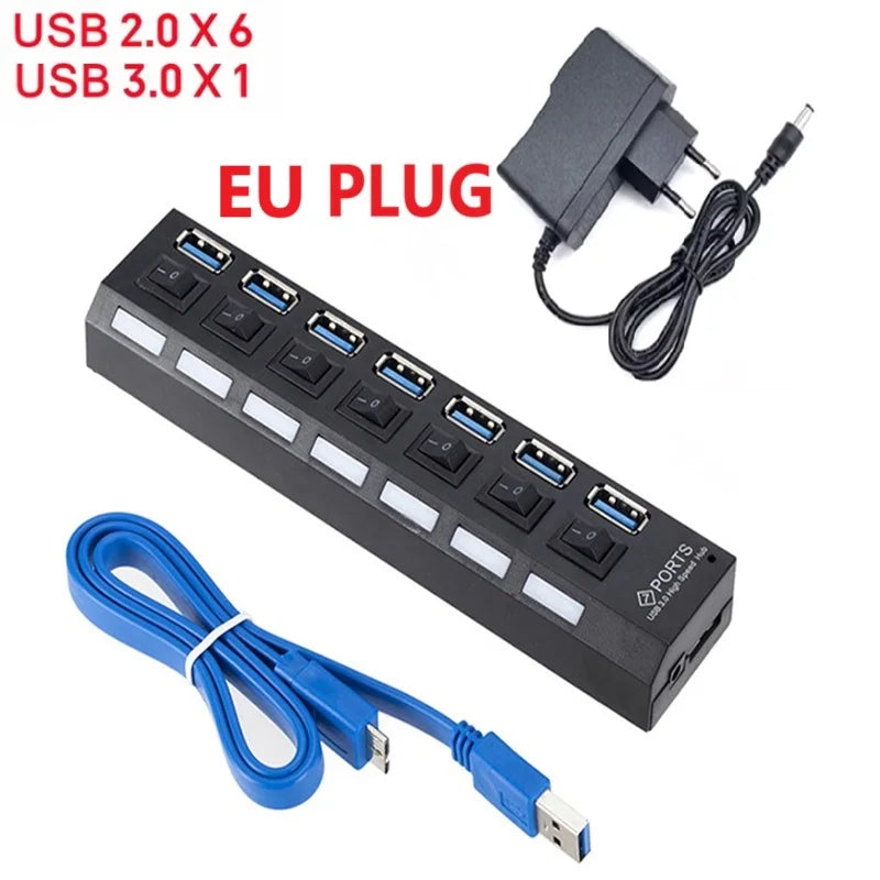USB HUB 3.0 Super Speed 5Gbps usb 3.0 4 7 Ports HUB Portable Micro USB 3.0 HUB Splitter With External Power Adapter For PC Acc Oasis Select 7 Port HUB-EU Plug