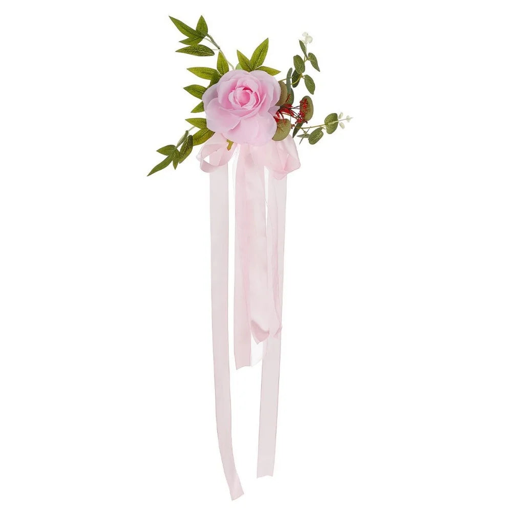 1pcs Wedding Aisle Decoration Pew Flowers with Artificial Rose Eucalyptus Ribbon for Wedding Ceremony Church Chair Decor Oasis Select Pink