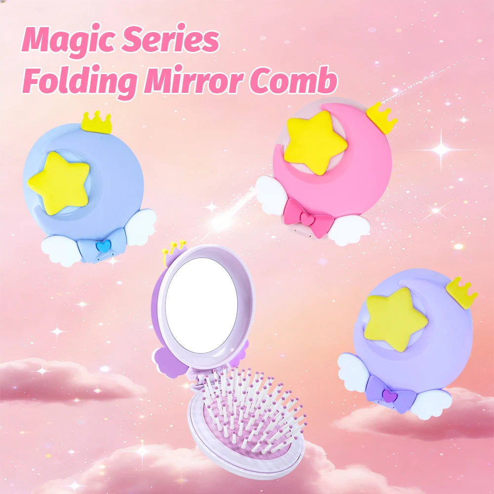 Magic Folding Mirror Comb – Moon & Star 2-in-1 Hair Brush Folding Mirror Comb Oasis Select