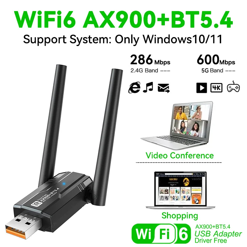 WiFi 6 AX900 Bluetooth 5.4 WiFi USB Adapter Wireless Network Card 2.4G 286Mbps & 5GHz 600Mbps Only for Win10/11 PC/Laptop Oasis Select