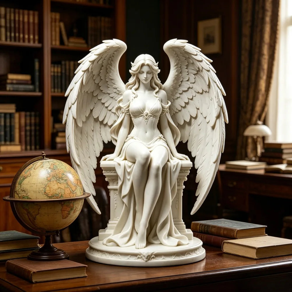 Graceful Sitting Winged Goddess Sculpture Neoclassical 3D Printing Angel Figurine Layered Feather Wings Tabletop Decor Oasis Select