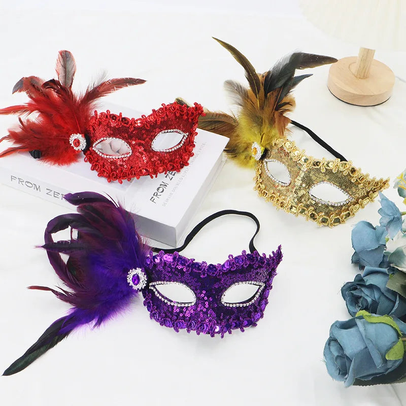 Feathers Sequins Half-Face Mask Masquerade Removable Feather Decor Venetian Mask Halloween Cosplay Party Costume Accessory Oasis Select