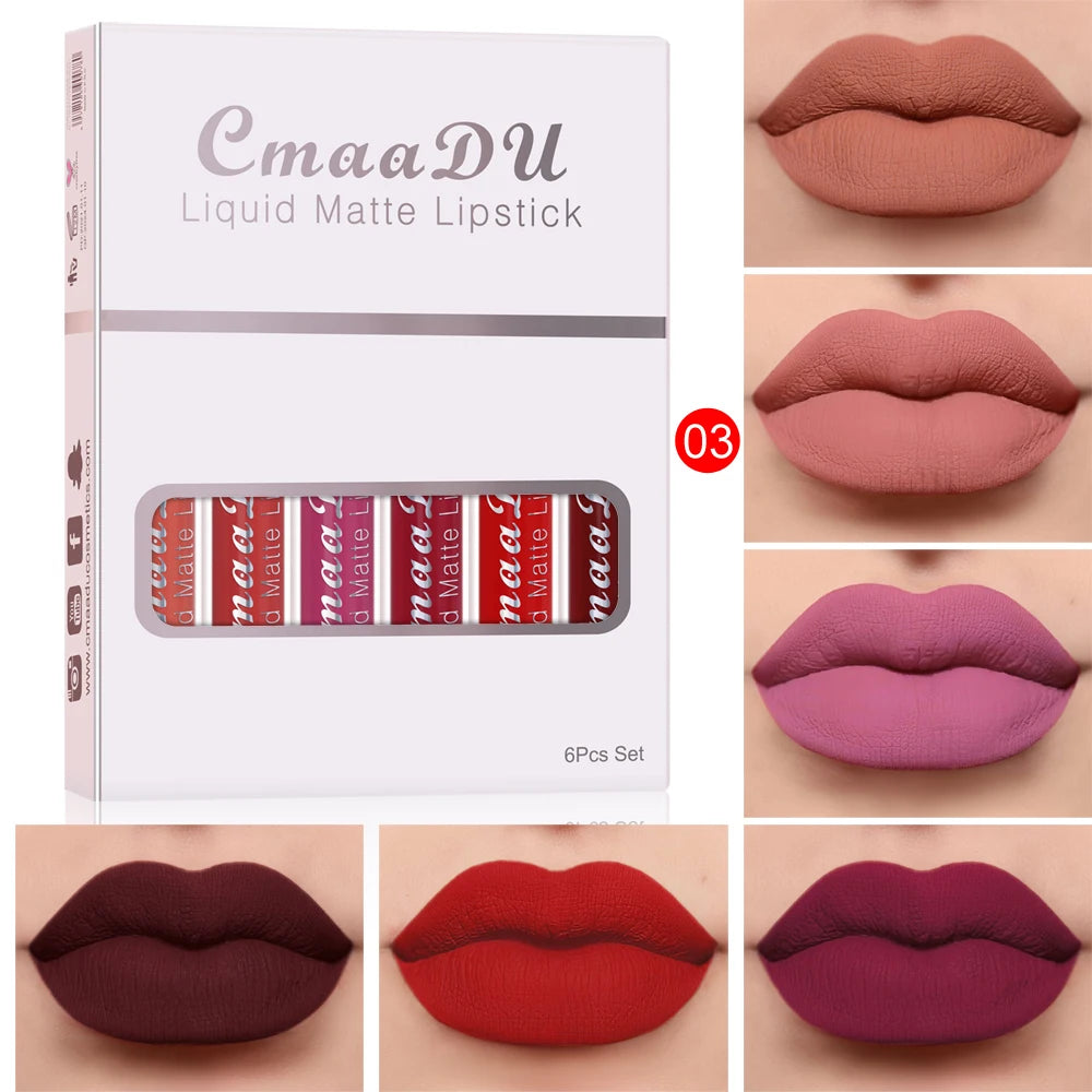 6 Pcs Matte Lipstick Lip Gloss Sets Long-Lasting Non-Fading Waterproof Non-stick Cup Exquisite Gift Everyday Holiday Universal Oasis Select 03