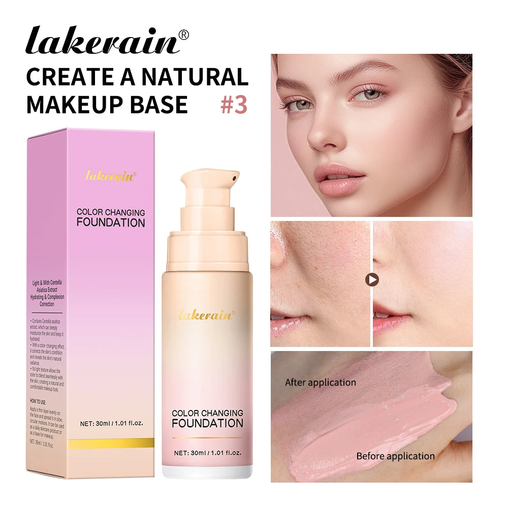 Lakerain 30ml Color Changing Foundation Long-lasting Moisturizing Even Skin Tone Liquid Coverage Lightweight Base Natural Makeup Oasis Select