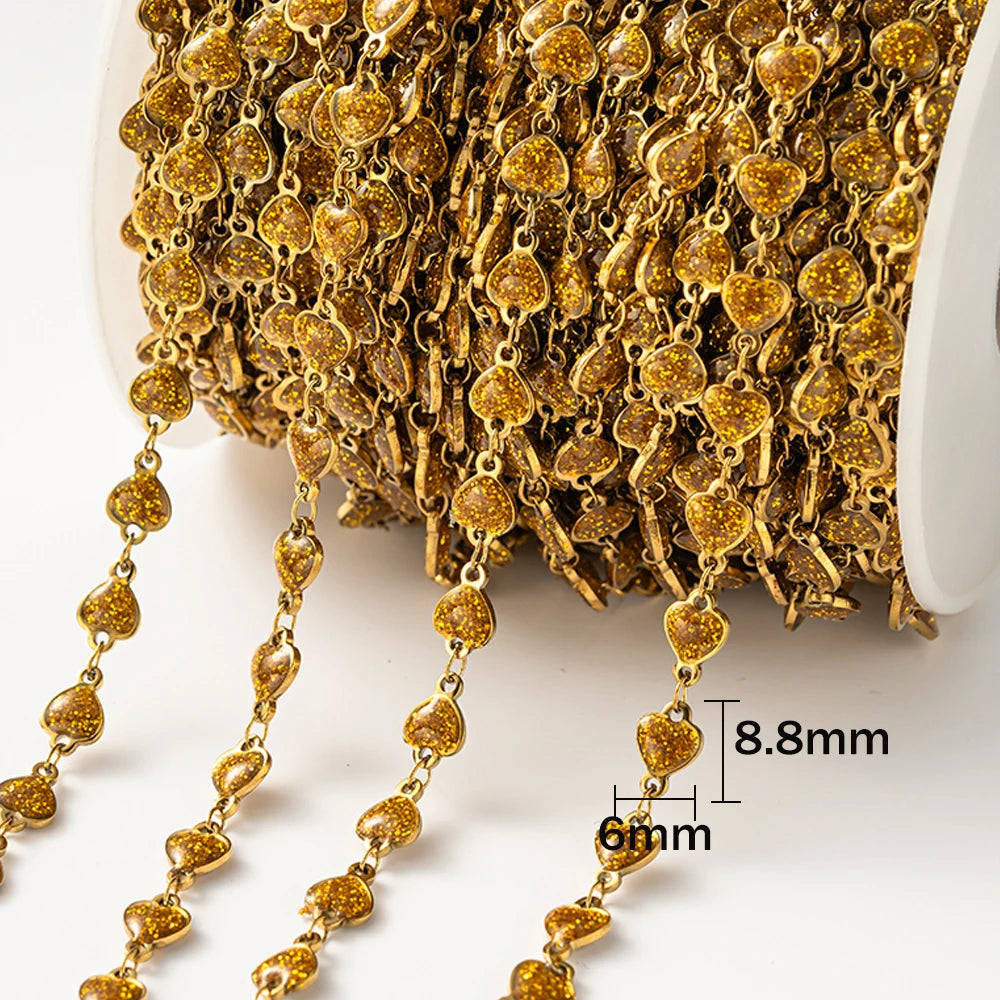 1meter Gold Plated Stainless Steel Colorful Enamel Heart Eye Chain for DIY Women Men Choker Bracelet Anklet Jewelry Making Oasis Select Heart Yellow