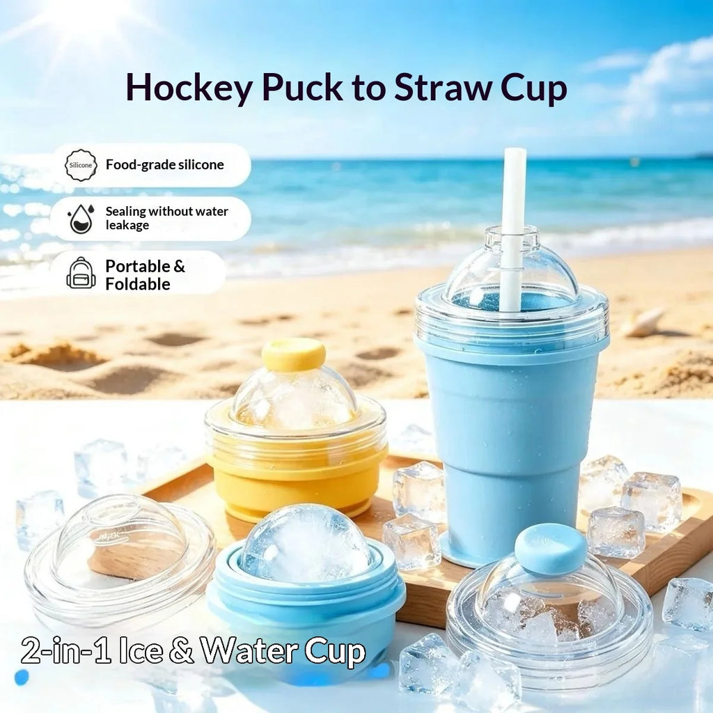Portable Folding Hockey Puck Ice Cup – Creative Food-Grade Silicone Ice Cube Mold with Built-in Straw – Summer on-the-Go Tumbler Oasis Select