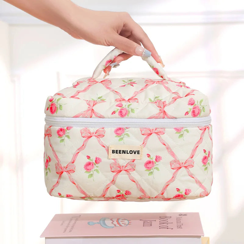 Bow Flower Quilted Makeup Bag – Zipper Cosmetic Organizer