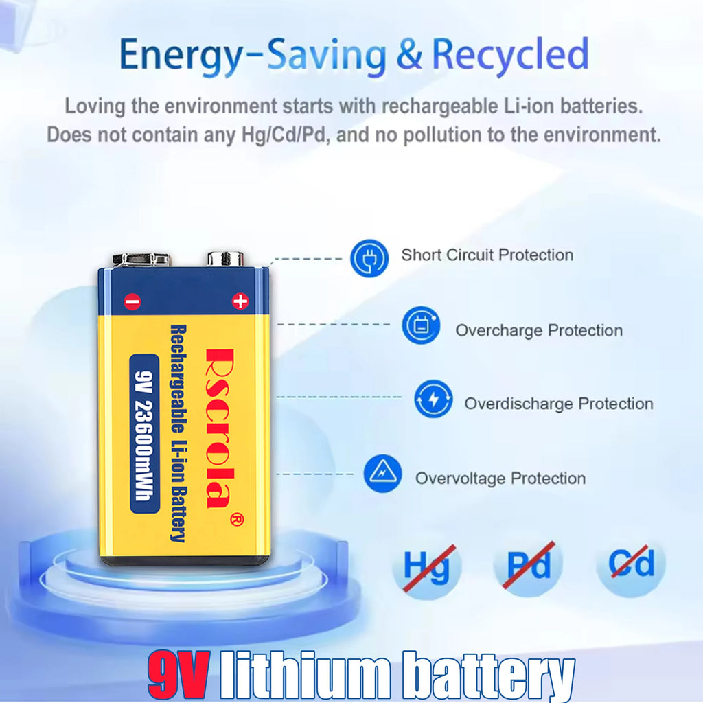 9V 23600mWh USB Lithium-ion Batteries 9V 6F22 Li-po Battery Constant Voltage 9V Output USB Li-ion Rechargeable Batteries Oasis Select